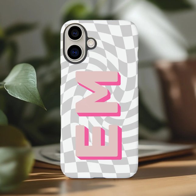 Retro Chequerboard Aesthetic Monogram Case-Mate iPhone Case (Aesthetic retro initials checkerboard pattern iphone 16 plus  case)