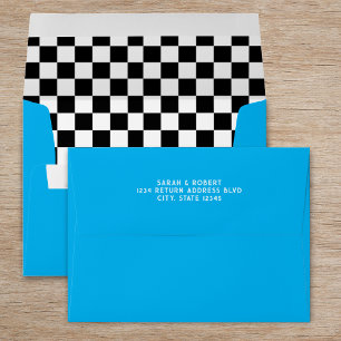 Retro Chequerboard Blue Black &White Wedding Envelope