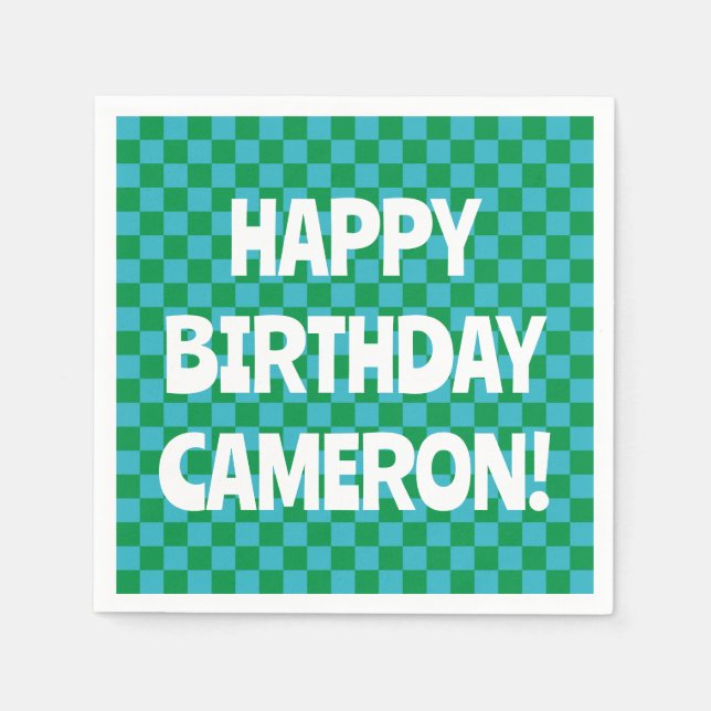 Retro Chequerboard Blue Green Custom Birthday Name Napkin (Front)