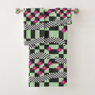 Retro Chequerboard Design with Flowers Bath Towel Set