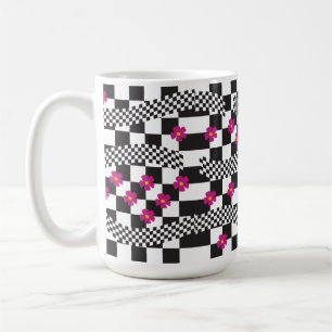 Retro Chequerboard Design with Flowers Coffee Mug