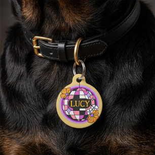 Retro Chequerboard Disco Ball Floral Pet ID Tag