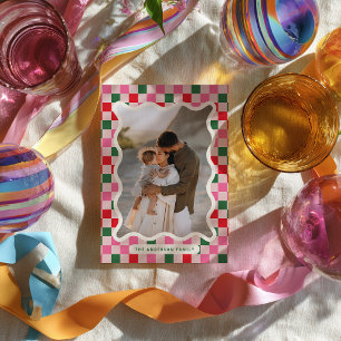 Retro Chequerboard Family Photo Christmas Card