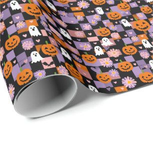 Retro Chequerboard Halloween Ghosts and Pumpkins Wrapping Paper