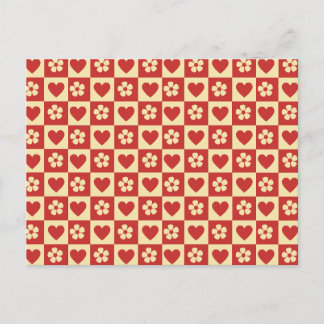 Retro Chequerboard Hearts and Flowers Pattern  Postcard