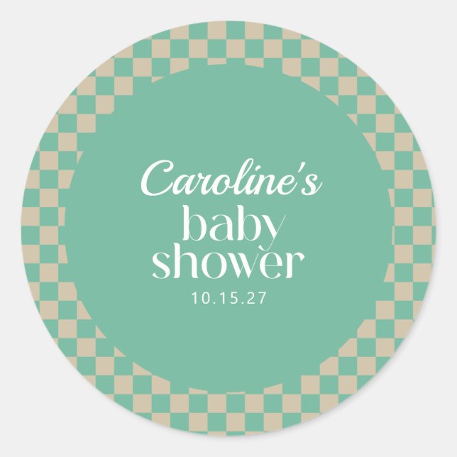 Retro Chequerboard Mint Sage Baby Shower Custom Classic Round Sticker (Front)