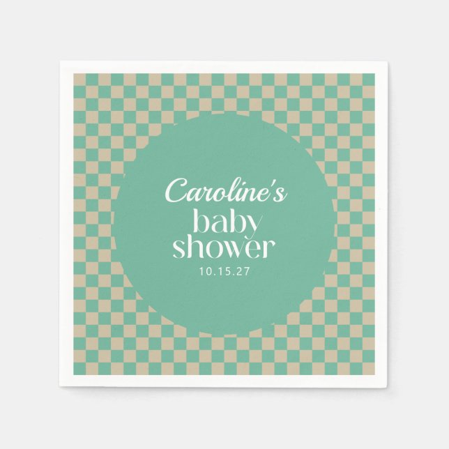Retro Chequerboard Mint Sage Baby Shower Custom Napkin (Front)