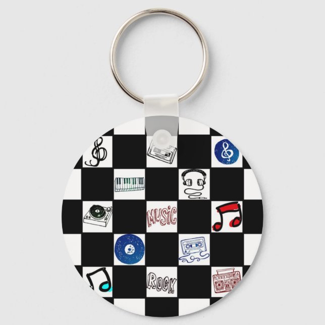 Retro Chequerboard Music Cassettes & More Key Ring (Front)