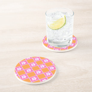 Retro Chequerboard Pattern In Orange And Purple Coaster