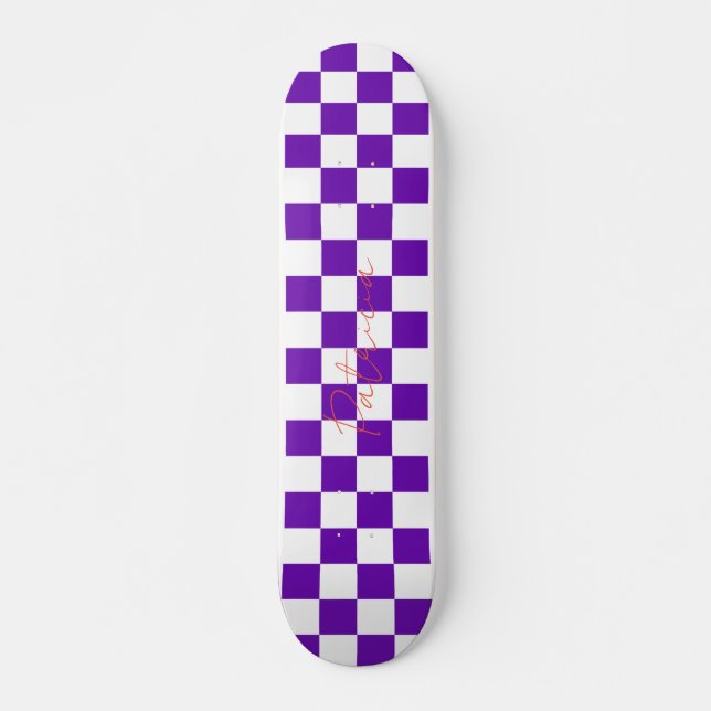 Retro Chequerboard Pattern Purple Skateboard (Front)