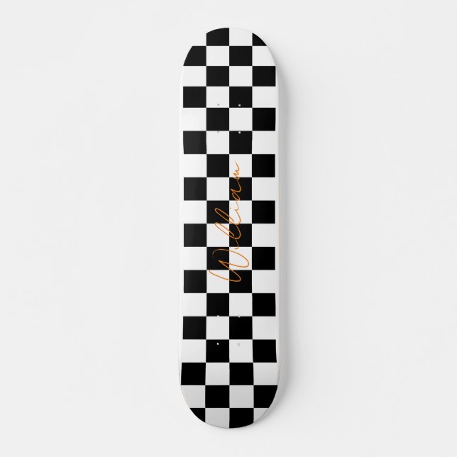 Retro Chequerboard Pattern White and Black Skateboard (Front)