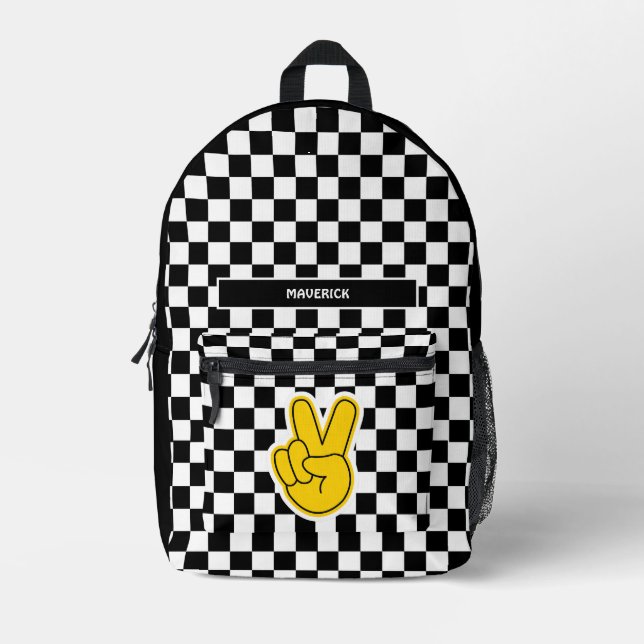 Retro Chequerboard Peace Sign  Printed Backpack (Front)