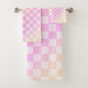 Retro Chequerboard Peach Fuzz Pink Gradient Bath Towel Set