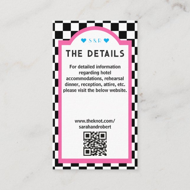 Retro Chequerboard Pink Blue Black & White Details Enclosure Card (Front)