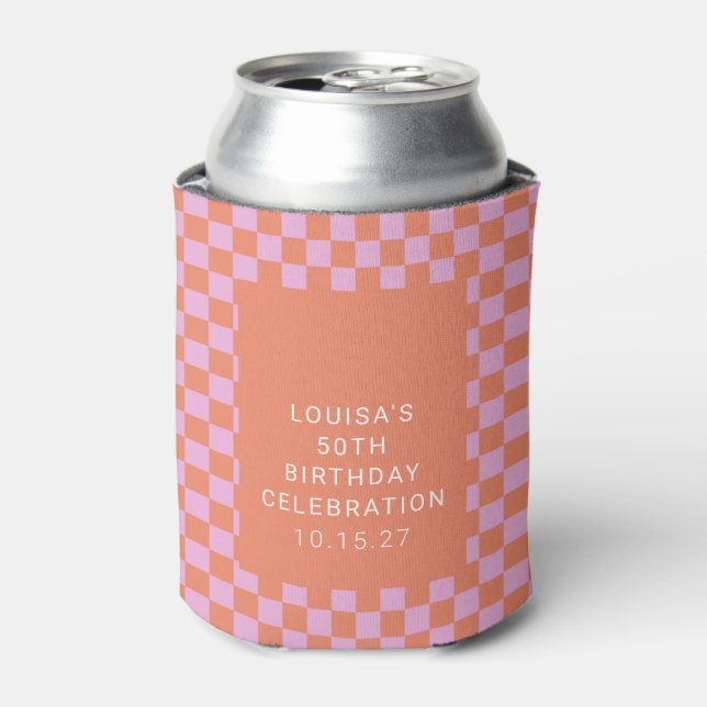 Retro Chequerboard Pink Orange Custom Birthday  Can Cooler (Can Front)