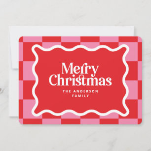 Retro Chequerboard Pink Red Merry Christmas Family Holiday Card