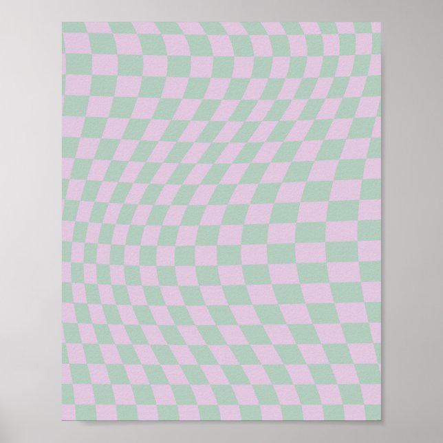Retro Chequerboard Sage Green Purple Check Pattern Poster (Front)