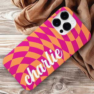Retro chequerboard swirl wave hot pink orange Case-Mate iPhone 14 pro max case