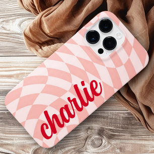 Retro chequerboard swirl wave light blush pink Case-Mate iPhone 14 pro max case