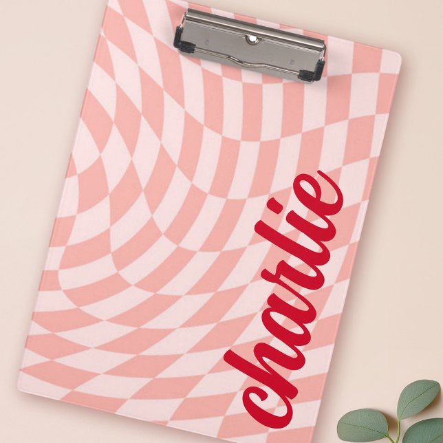 Retro chequerboard swirl wave light blush pink clipboard (Retro checkerboard swirl wave light blush pink clipboard)