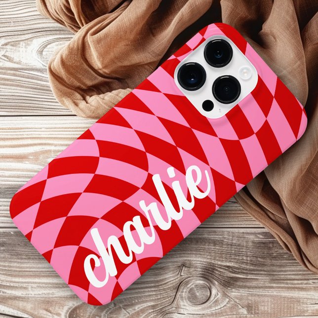 Retro chequerboard swirl wave pink red Case-Mate iPhone case (Retro checkerboard swirl wave pink red Case-Mate iPhone case)