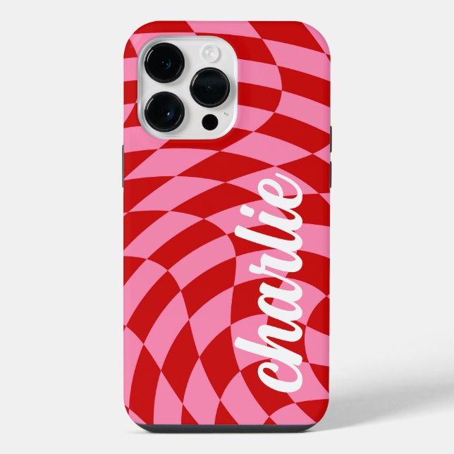 Retro chequerboard swirl wave pink red iPhone case (Back)