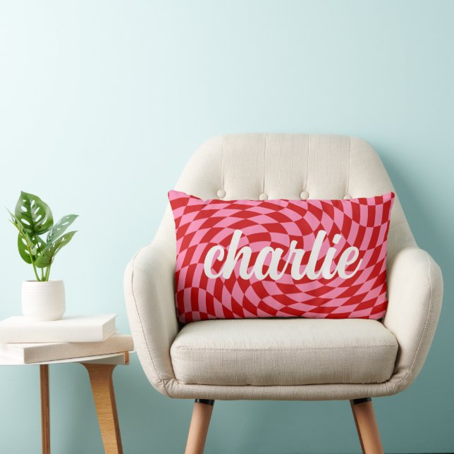 Retro chequerboard swirl wave pink red orange lumbar cushion (Chair)