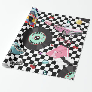 Retro Chequered 50's Fifties Theme Birthday Party Wrapping Paper