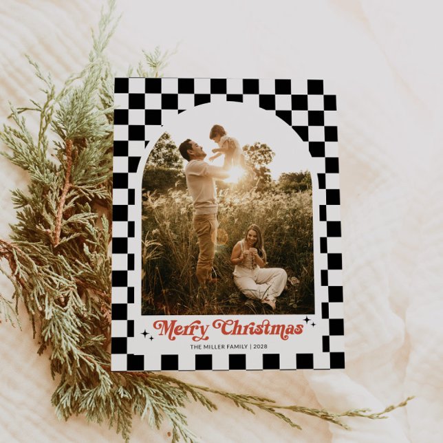 Retro Chequered Arch Family Photo Holiday Postcard (Groovy Checkered Family Christmas Postcard)