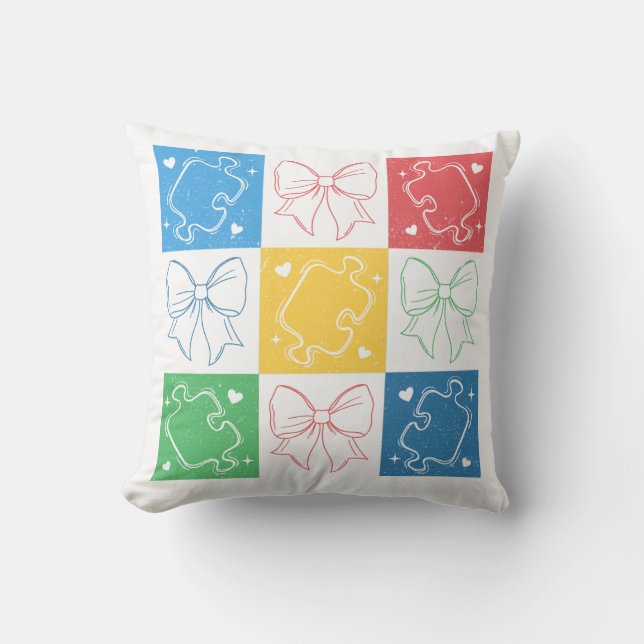 Retro Chequered Autism Awareness Coquette Bow Cushion (Front)