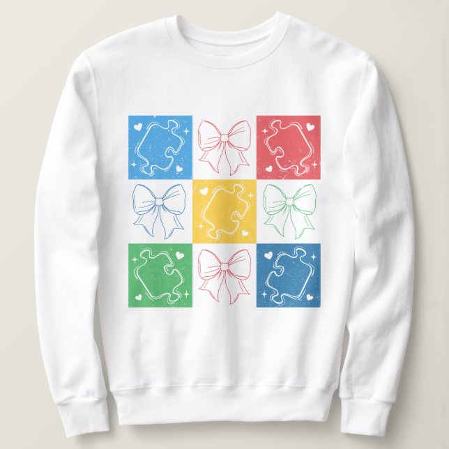 Retro Chequered Autism Awareness Coquette Bow Sweatshirt (Design Front)