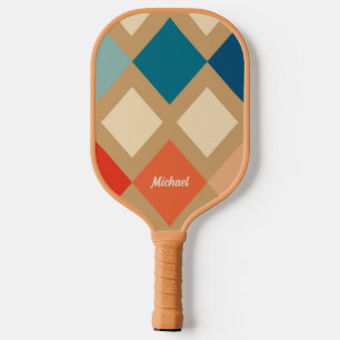 Retro Chequered Beige Blue Orange Monogram   Pickleball Paddle