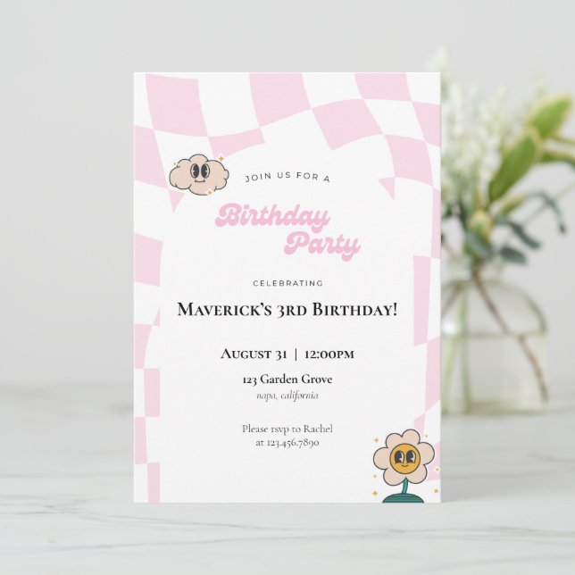 Retro Chequered Birthday Invitation (Standing Front)