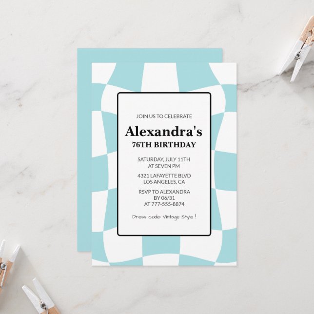 Retro Chequered Blue 76th birthday invitations  (Front/Back In Situ)