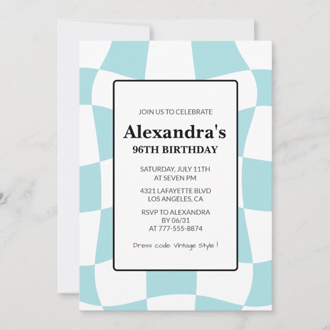 Retro Chequered Blue 96th birthday Invitation (Front)