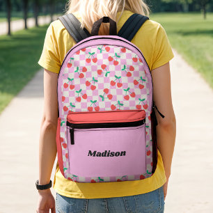 Retro Chequered Cherries Pink & Red Colorblock Printed Backpack