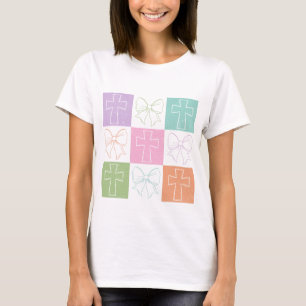 Retro Chequered Christian Cross Coquette Bow T-Shirt