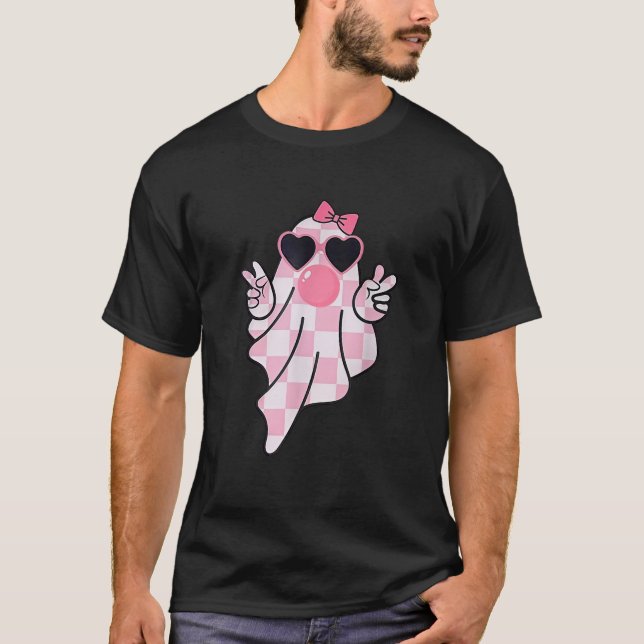 Retro Chequered Cute Pink Ghost Blowing Bubble Gum T-Shirt (Front)