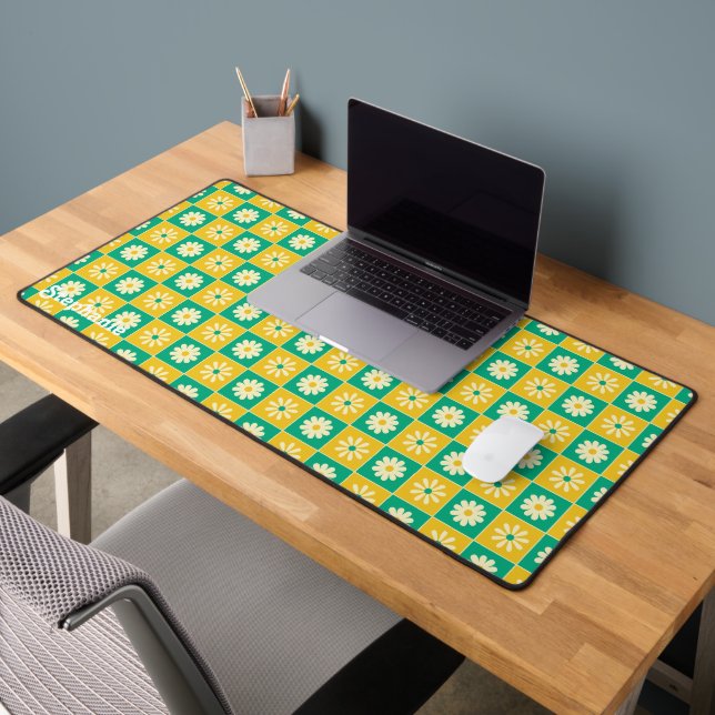 Retro Chequered Daisies Yellow Green Script Name Desk Mat (Office 2)