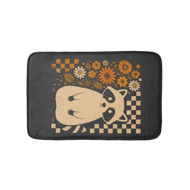 Retro Chequered Halloween Racoon Bath Mat (Front)