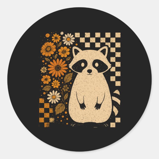 Retro Chequered Halloween Racoon Classic Round Sticker (Front)
