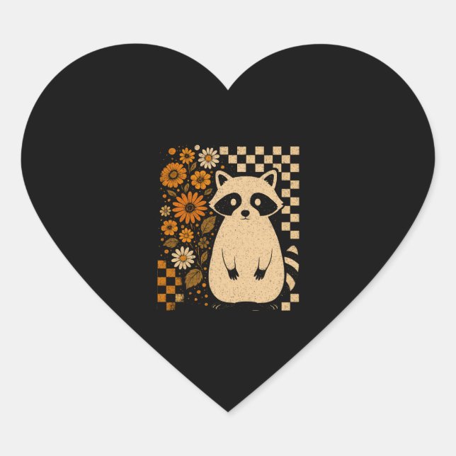 Retro Chequered Halloween Racoon Heart Sticker (Front)