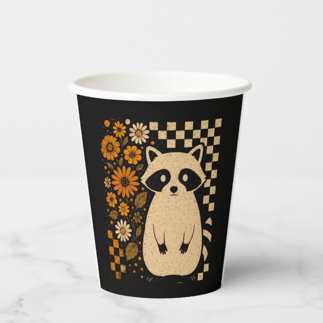 Retro Chequered Halloween Racoon Paper Cups (Front)