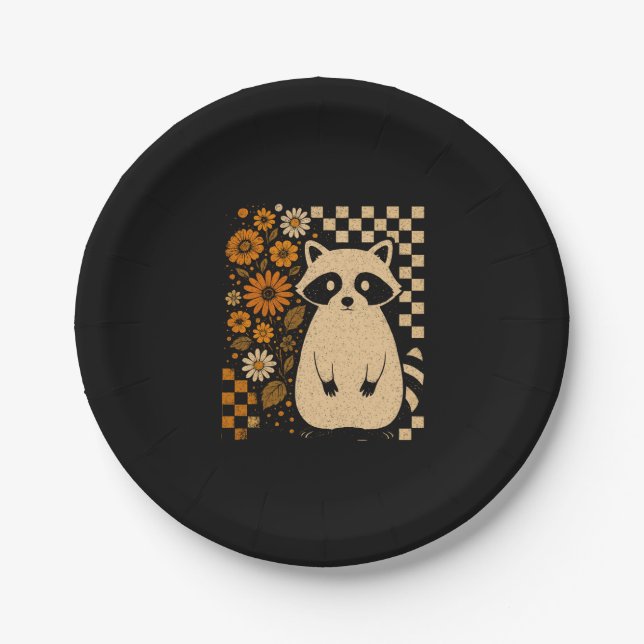 Retro Chequered Halloween Racoon Paper Plate (Front)