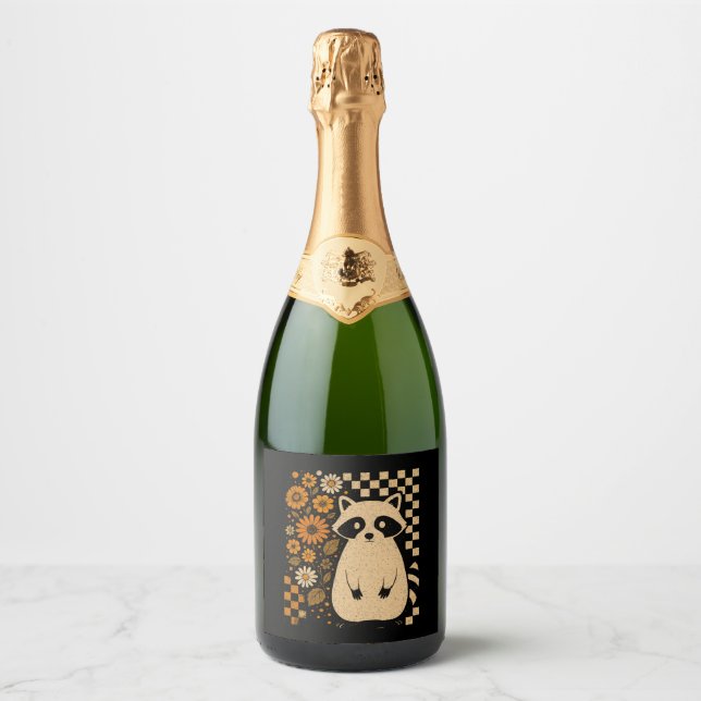 Retro Chequered Halloween Racoon Sparkling Wine Label (Front)