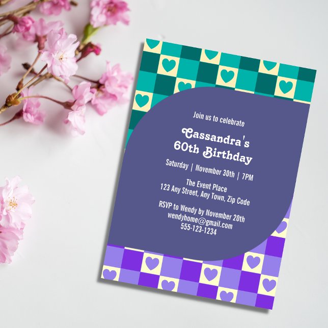 Retro Chequered Heart Bauhaus Teal Blue Birthday Invitation (Creator Uploaded)