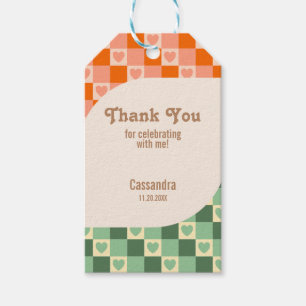 Retro Chequered Heart Green Orange Birthday Gift Tags
