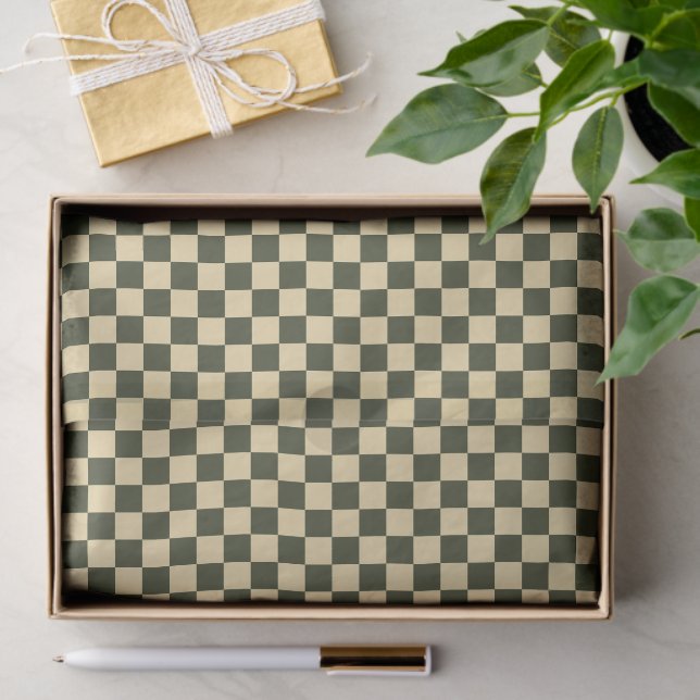 Retro Chequered in Olive Green and Cream Tissue Pa Tissue Paper (Gift)