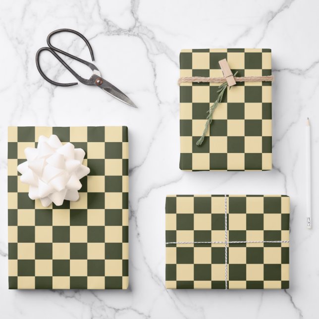 Retro Chequered in Olive Green and Cream Wrapping Paper Sheet (Front)
