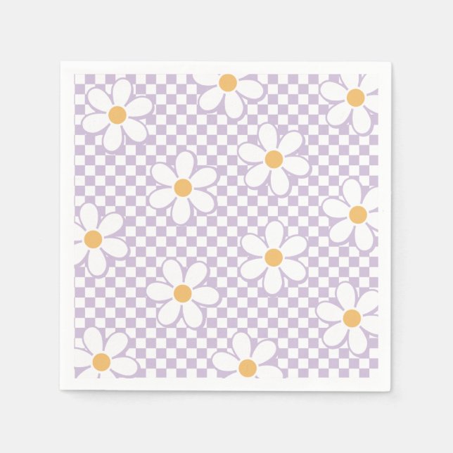 Retro Chequered Lilac Daisy birthday Napkin (Front)